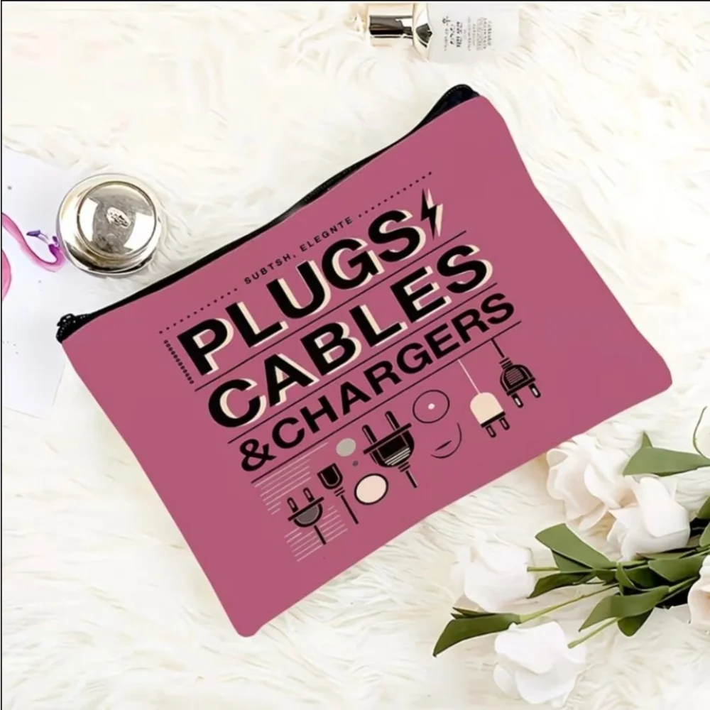Women's Pink Black Plugs Cables Chargers Cosmetic Bag One Size